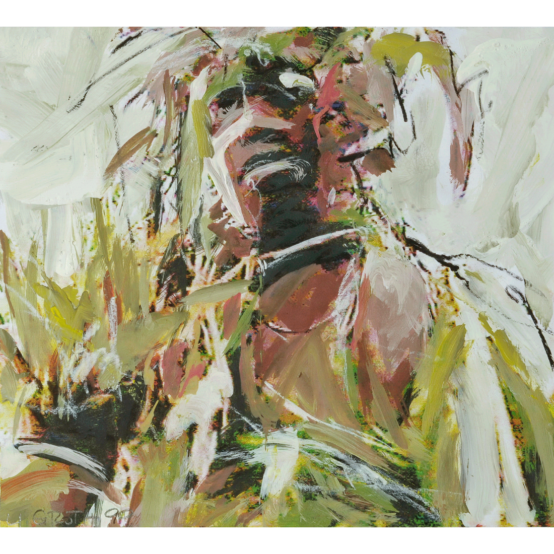 Mann im Blattschmuck 2, 1999, 21x28cm, Foto, Acrylfarbe, Kohle und Kreide auf Papier