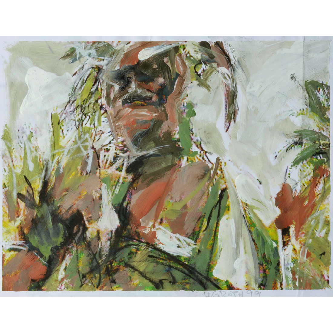 Mann im Blattschmuck 3, 1999, 21x28cm, Foto, Acrylfarbe, Kohle und Kreide auf Papier